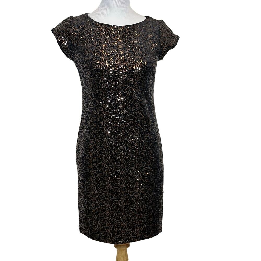 ELIZA J EJ3-7111 SEQUIN VELVET BLACK BRONZE SHEATH COCKTAIL DRESS Sz 2 NWT